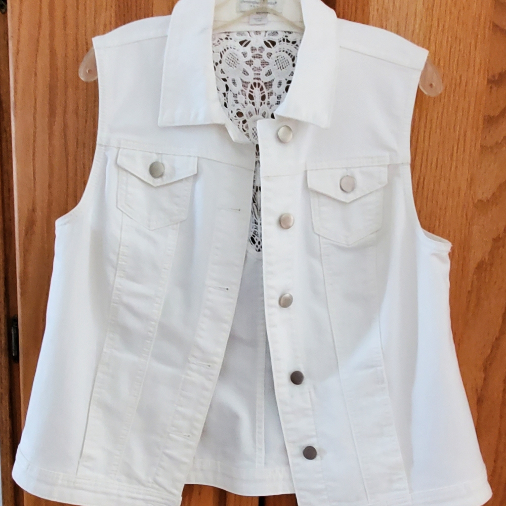 Christopher & Banks White Sleeveless Denim Vest with Button Front
